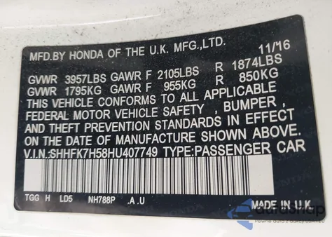 2017 Honda Civic Ex from USA, damaged, VIN SHHFK7H58HU407749